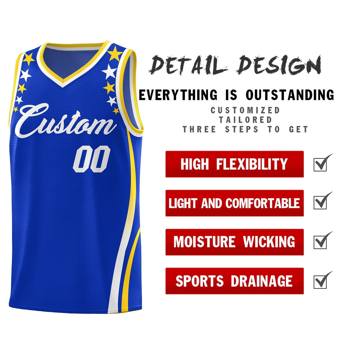 Custom Royal Shoulders Star Pattern Side Color Block Sports Uniform Basketball Kits