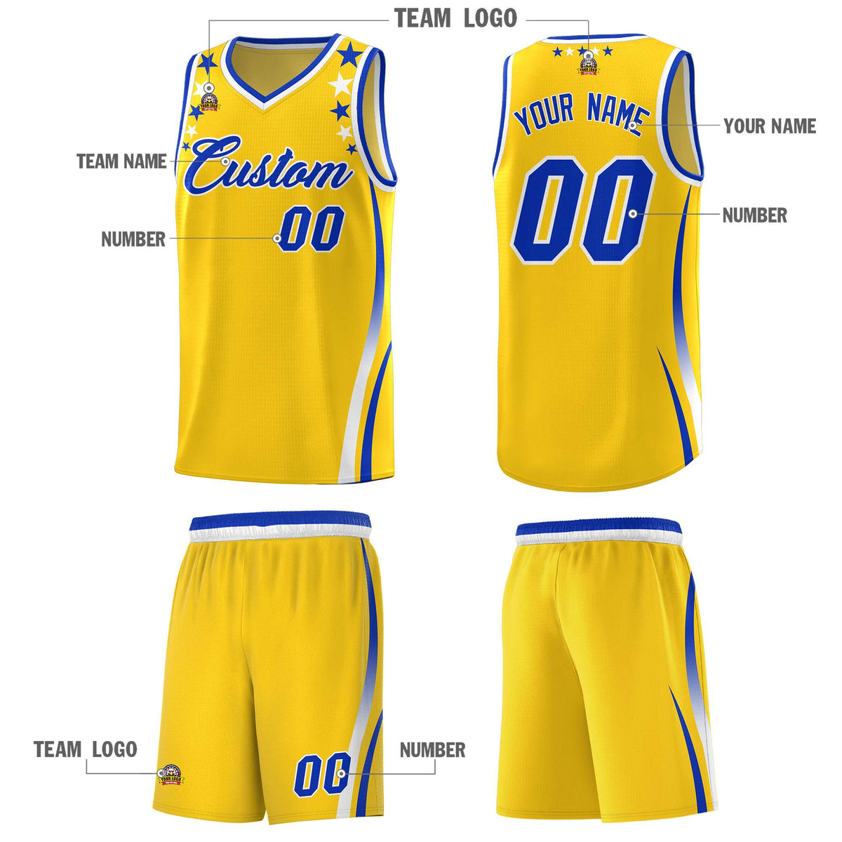 Custom Gold Shoulders Star Pattern Side Color Block Sports Uniform Basketball Kits