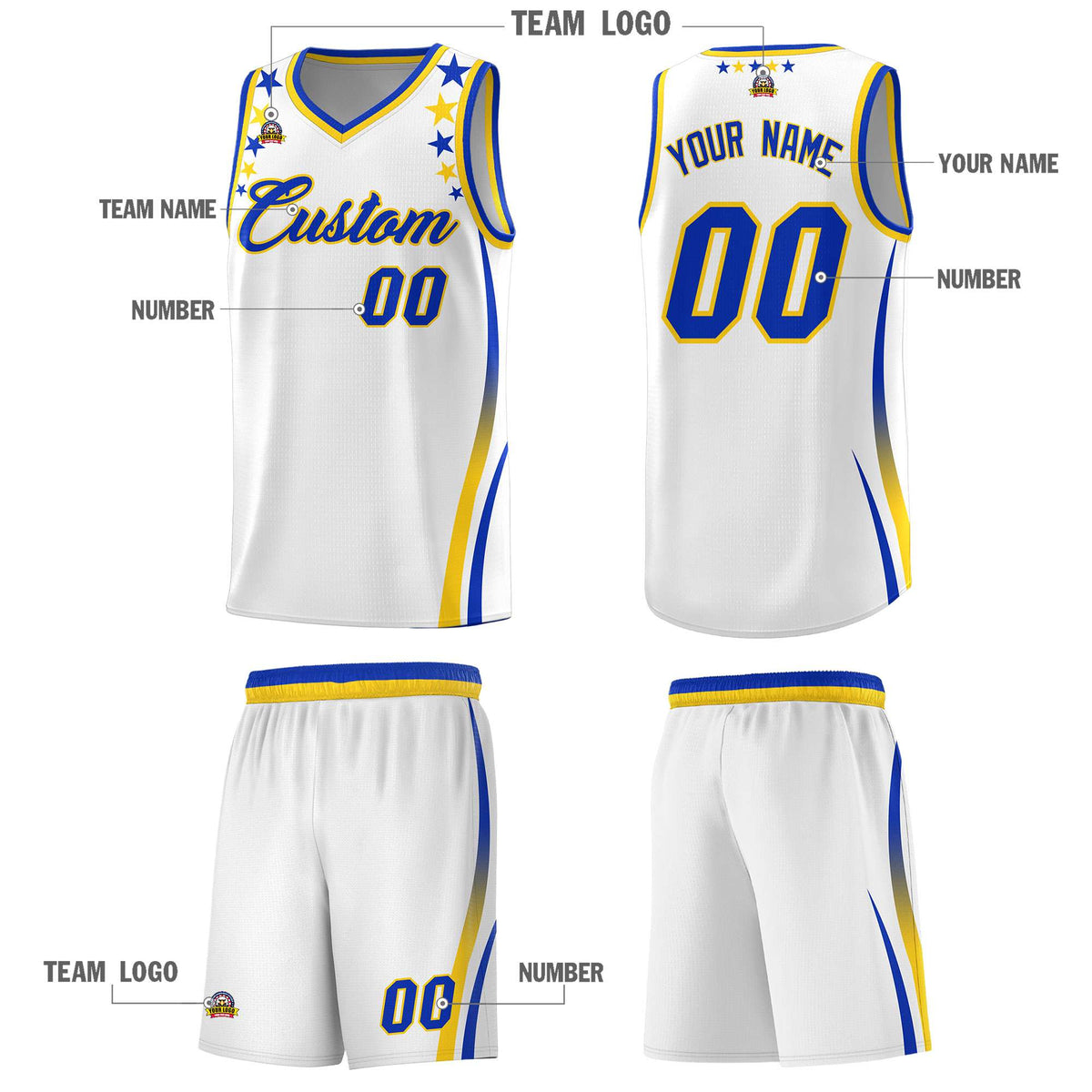 Custom White Shoulders Star Pattern Side Color Block Sports Uniform Basketball Kits