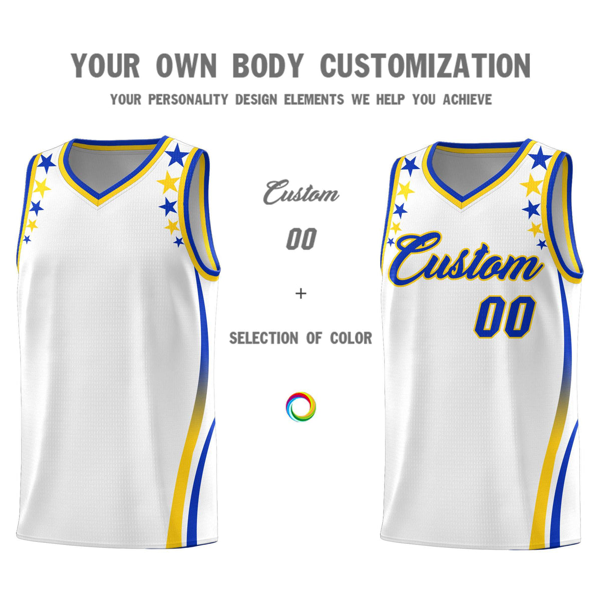 Custom White Shoulders Star Pattern Side Color Block Sports Uniform Basketball Kits