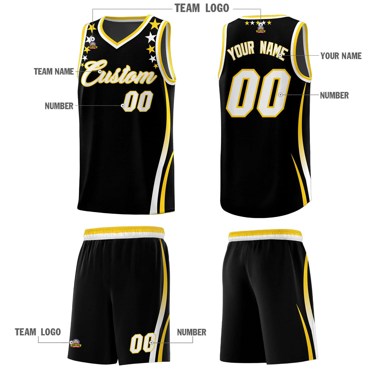 Custom Black Shoulders Star Pattern Side Color Block Sports Uniform Basketball Kits
