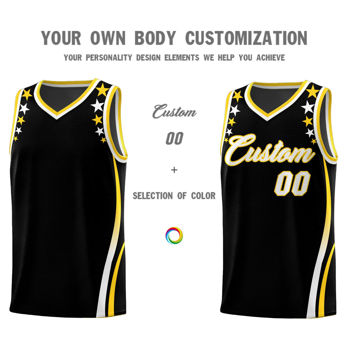 Custom Black Shoulders Star Pattern Side Color Block Sports Uniform Basketball Kits