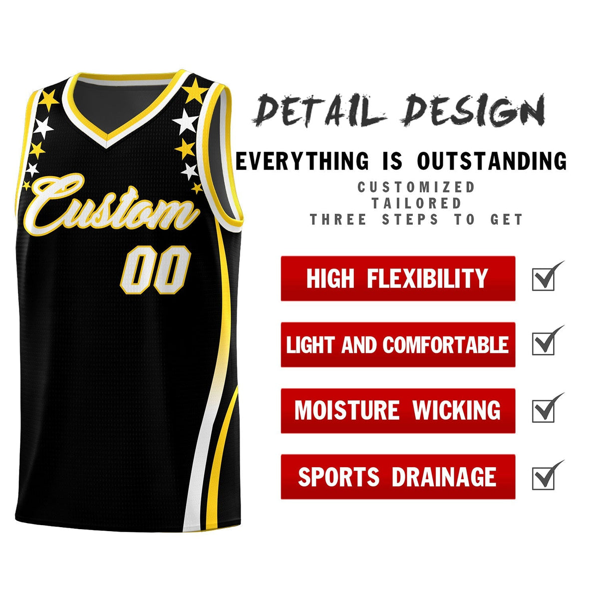 Custom Black Shoulders Star Pattern Side Color Block Sports Uniform Basketball Kits