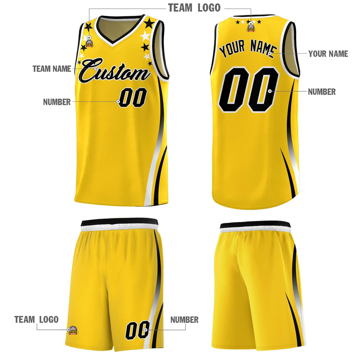 Custom Gold Shoulders Star Pattern Side Color Block Sports Uniform Basketball Kits