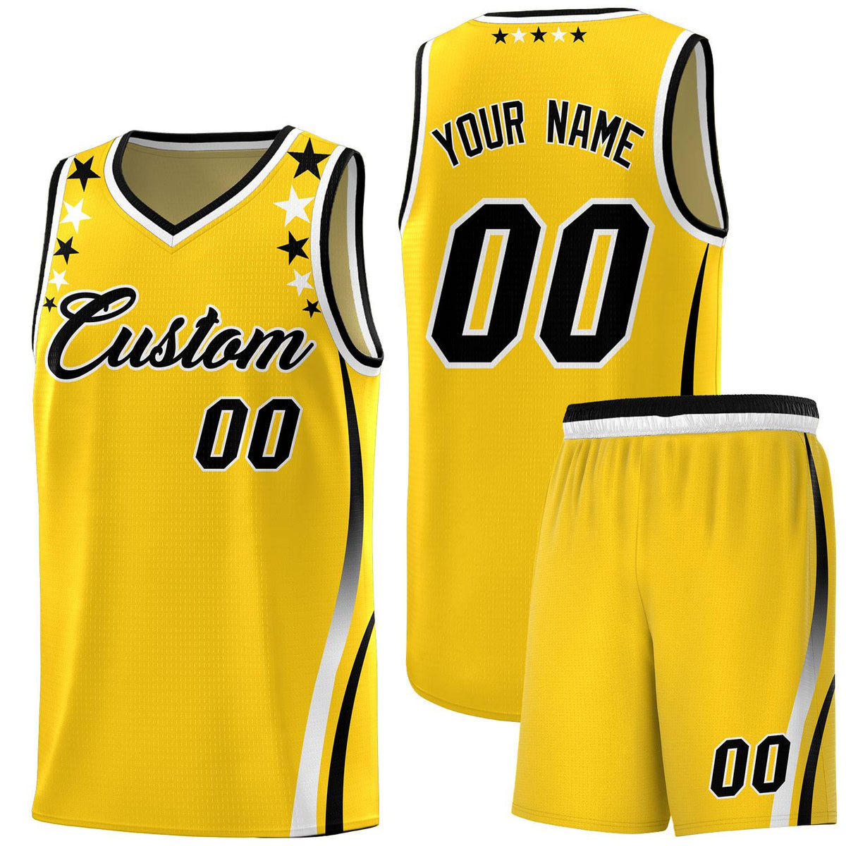 Custom Gold Shoulders Star Pattern Side Color Block Sports Uniform Basketball Kits