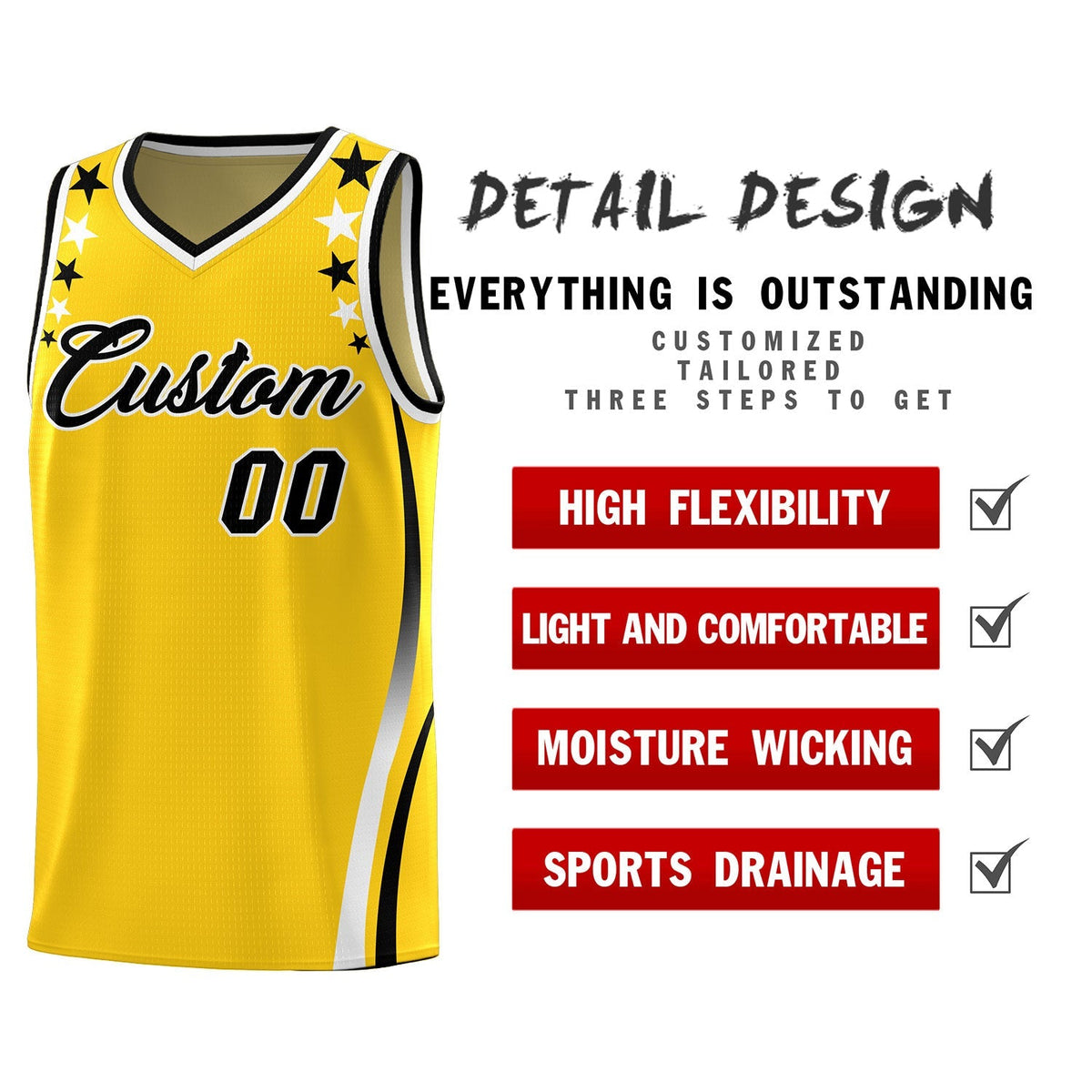 Custom Gold Shoulders Star Pattern Side Color Block Sports Uniform Basketball Kits