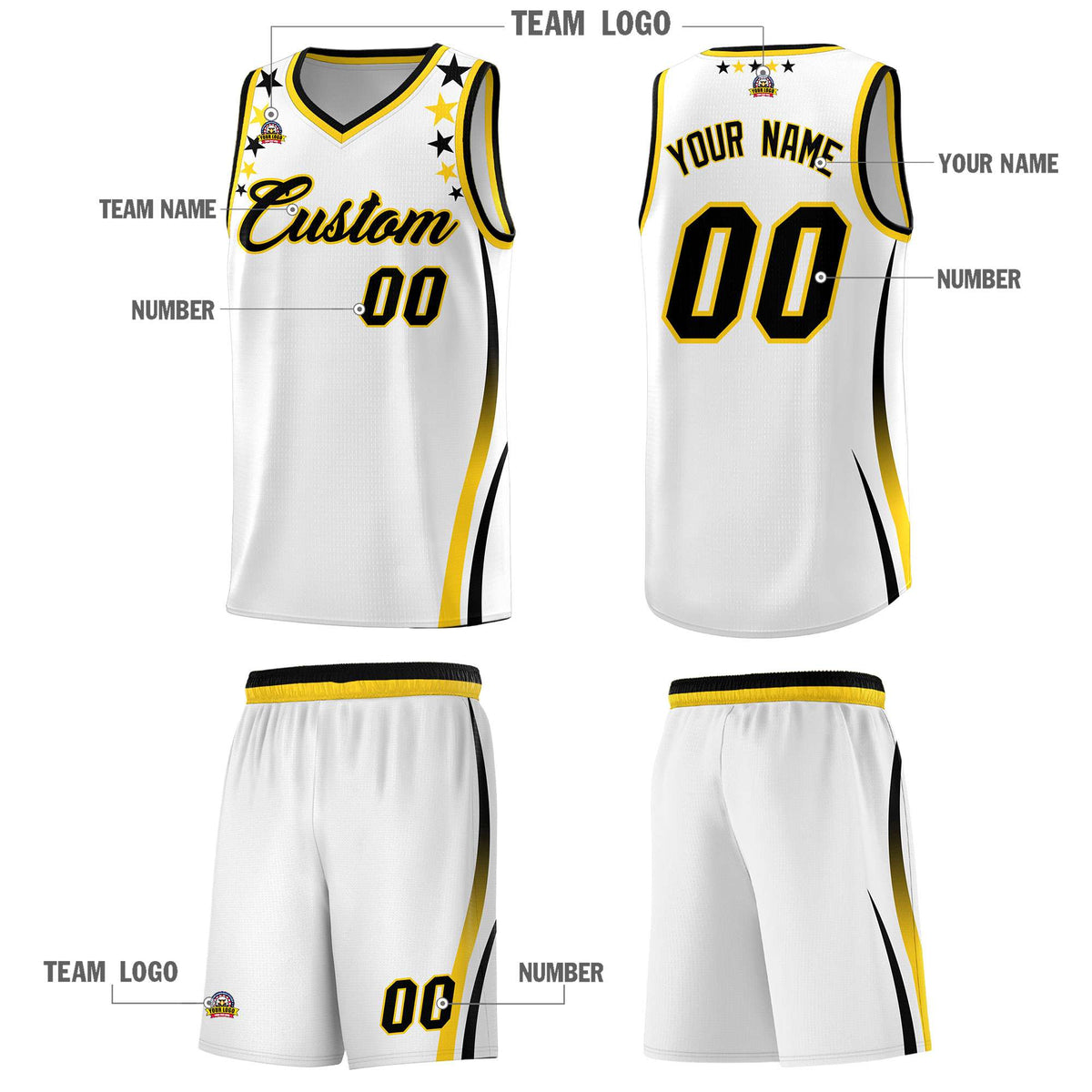 Custom White Shoulders Star Pattern Side Color Block Sports Uniform Basketball Kits