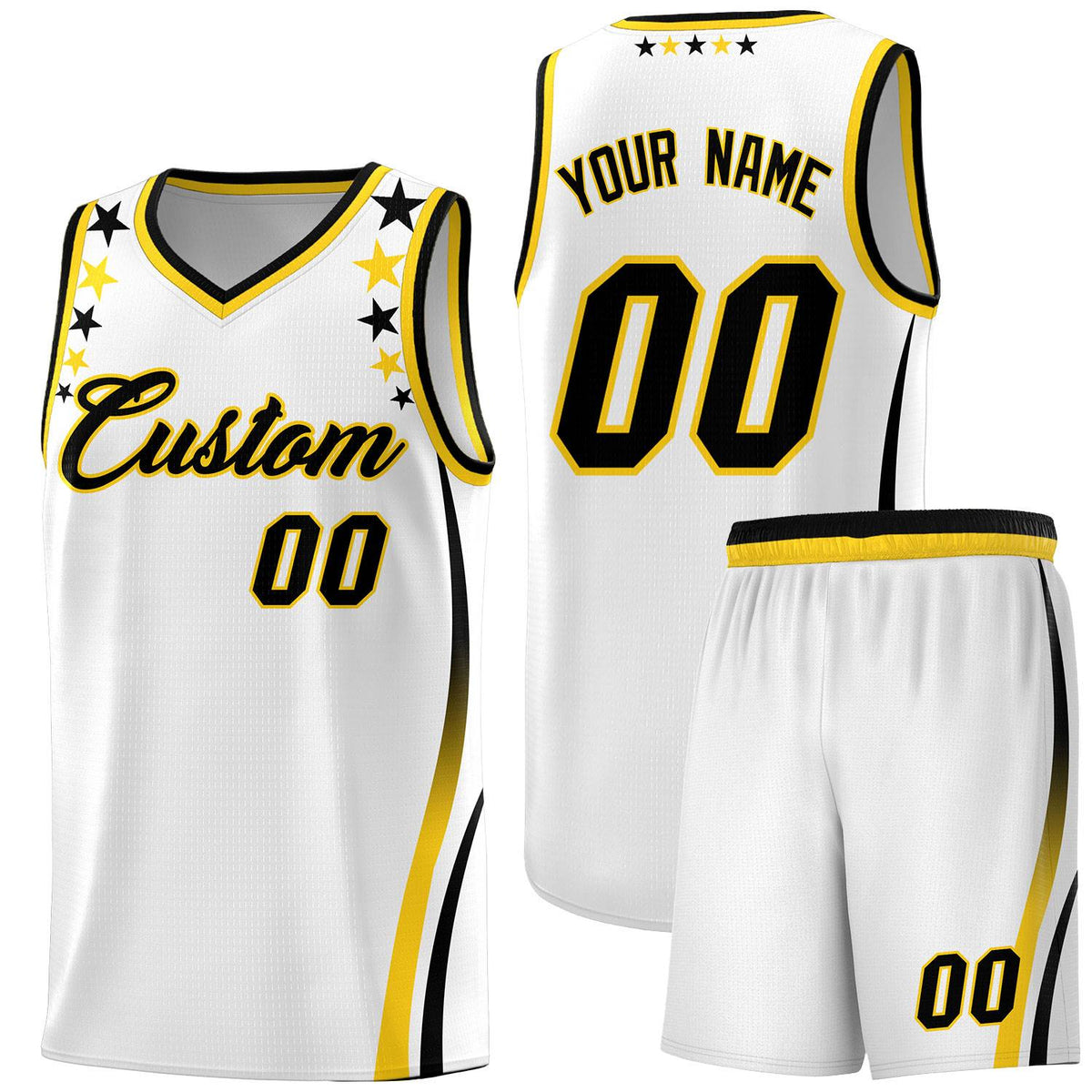 Custom White Shoulders Star Pattern Side Color Block Sports Uniform Basketball Kits