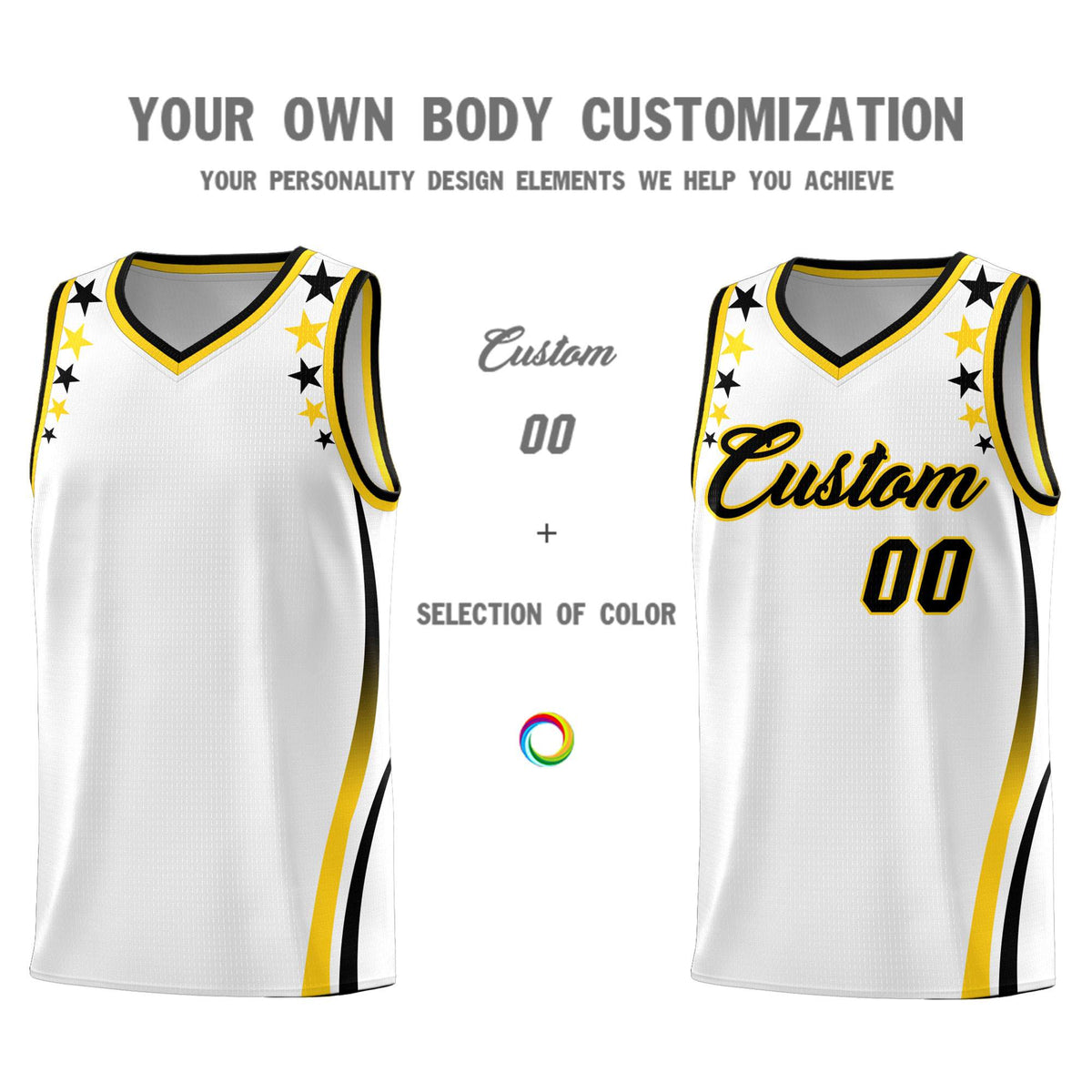 Custom White Shoulders Star Pattern Side Color Block Sports Uniform Basketball Kits