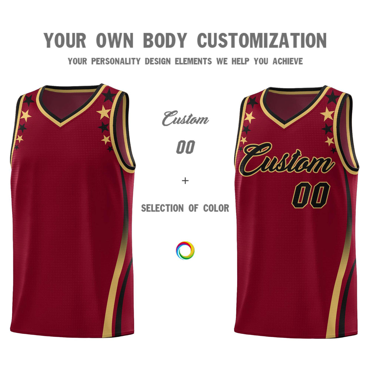 Custom Crimson Shoulders Star Pattern Side Color Block Sports Uniform Basketball Kits