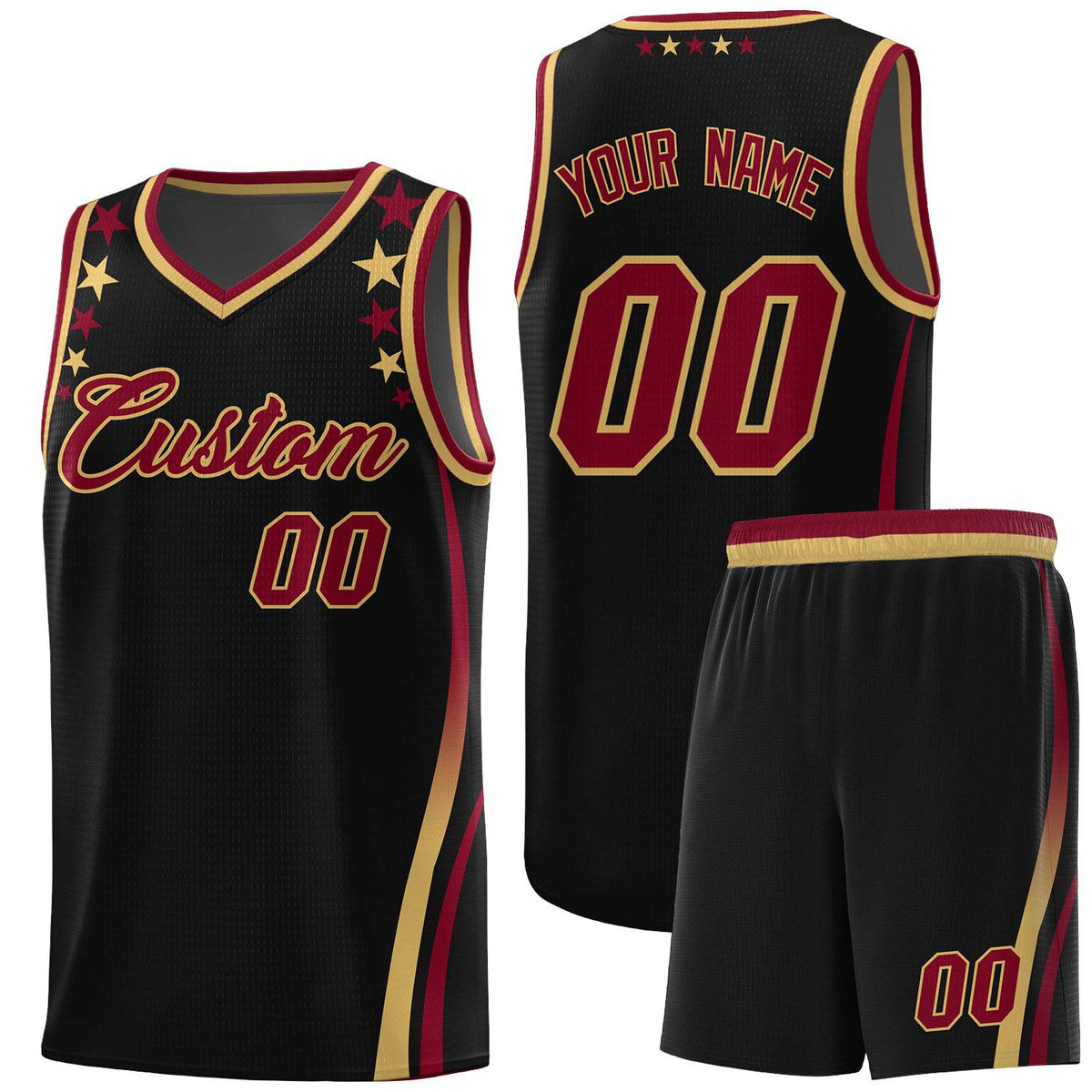 Custom Black Shoulders Star Pattern Side Color Block Sports Uniform Basketball Kits