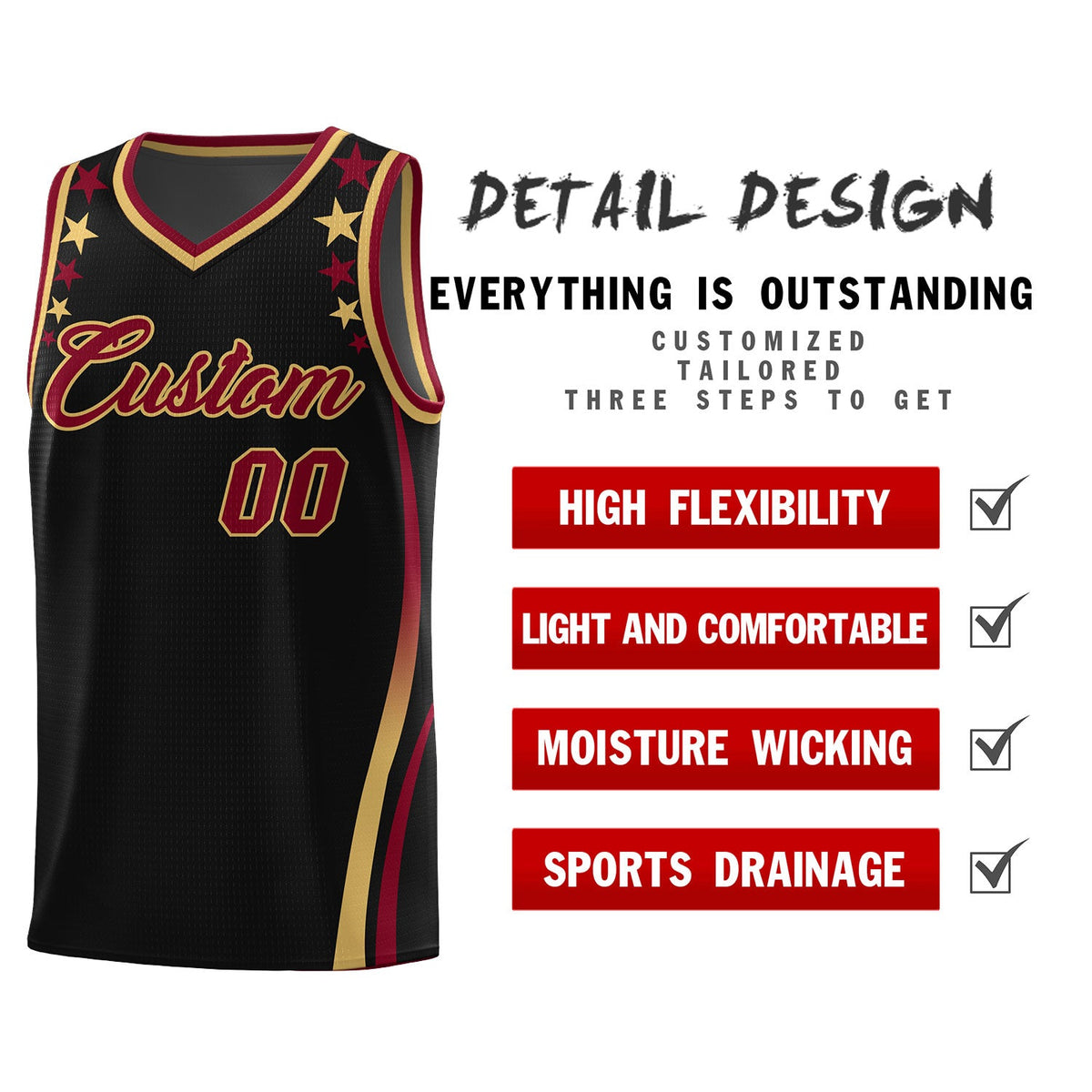 Custom Black Shoulders Star Pattern Side Color Block Sports Uniform Basketball Kits