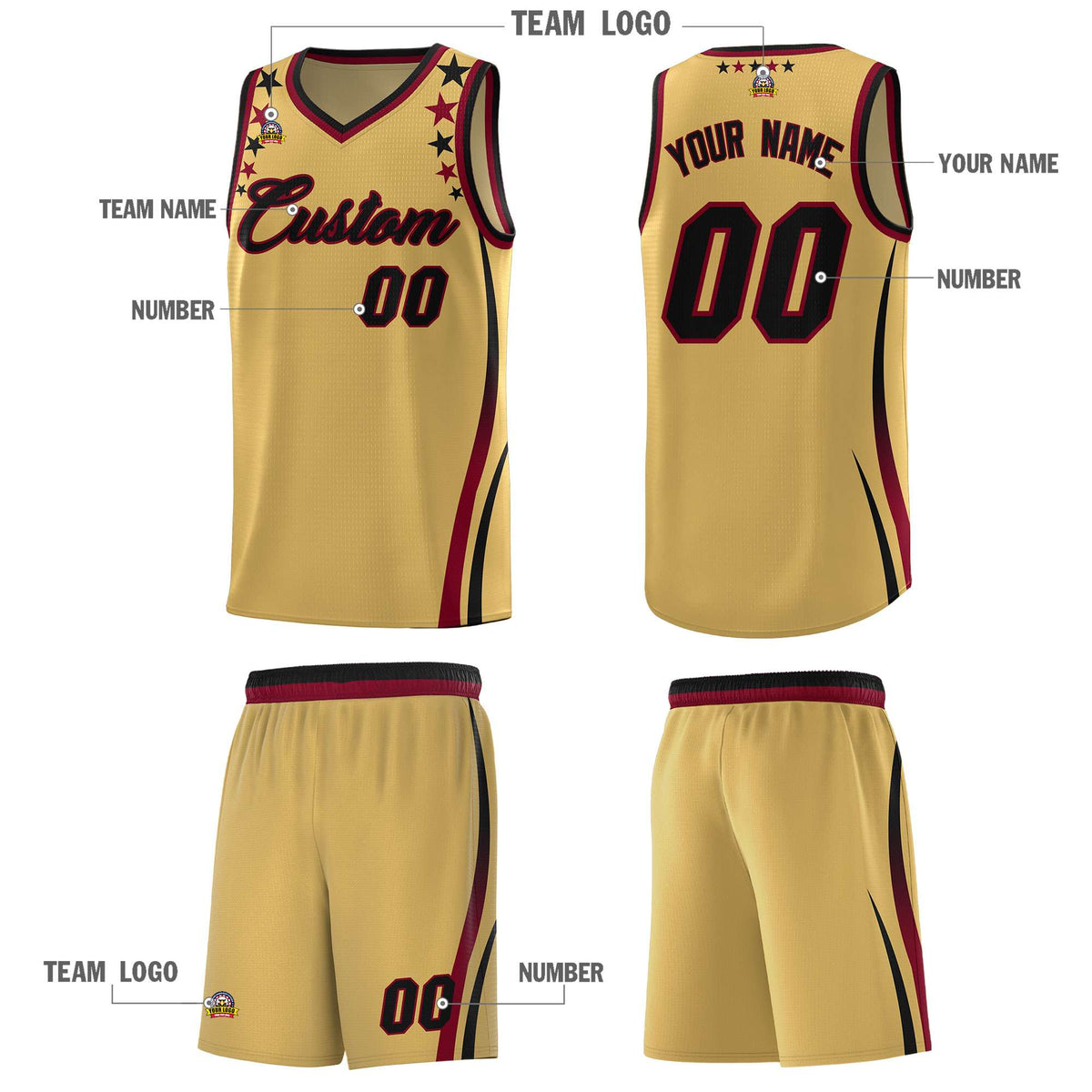 Custom Old Gold Shoulders Star Pattern Side Color Block Sports Uniform Basketball Kits