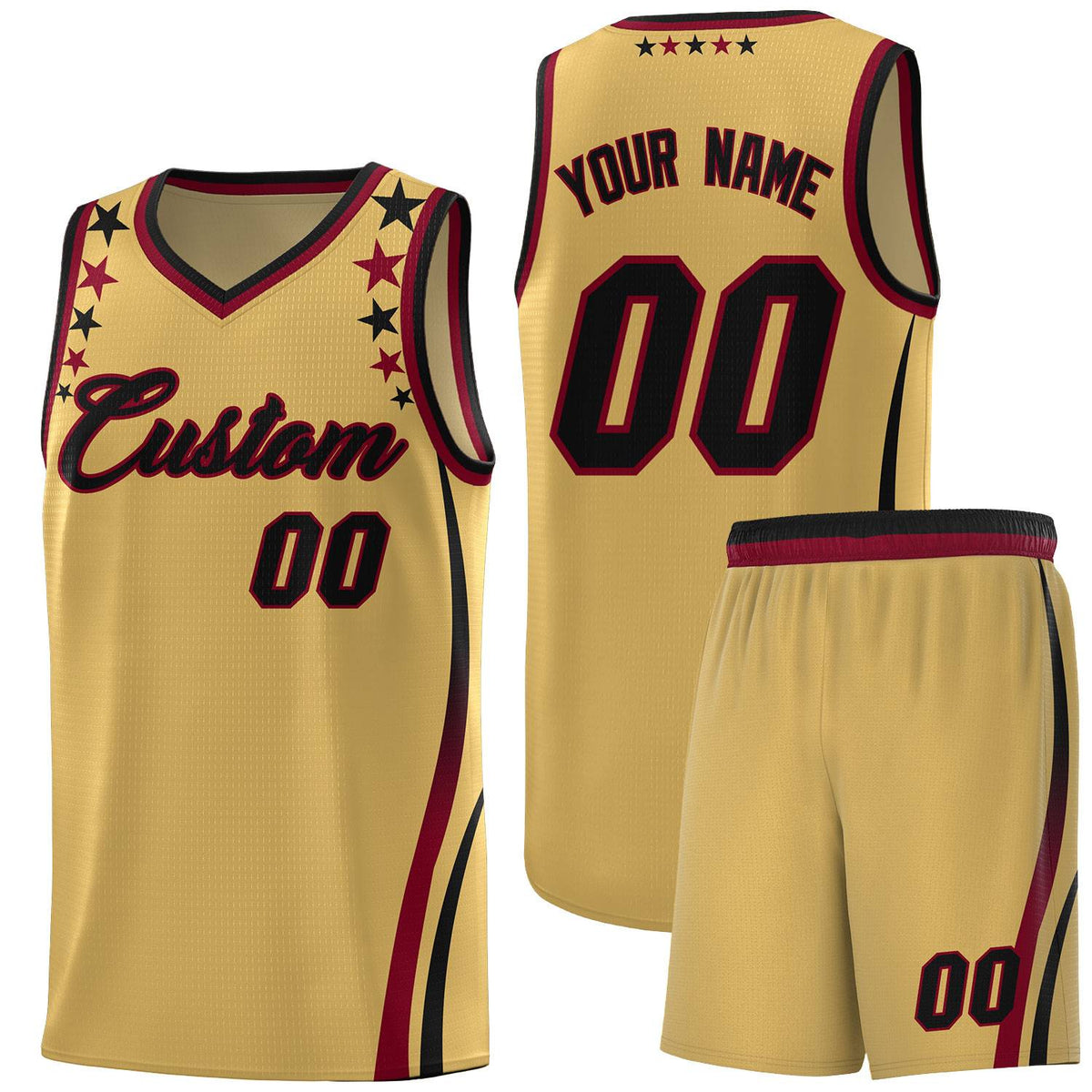 Custom Old Gold Shoulders Star Pattern Side Color Block Sports Uniform Basketball Kits