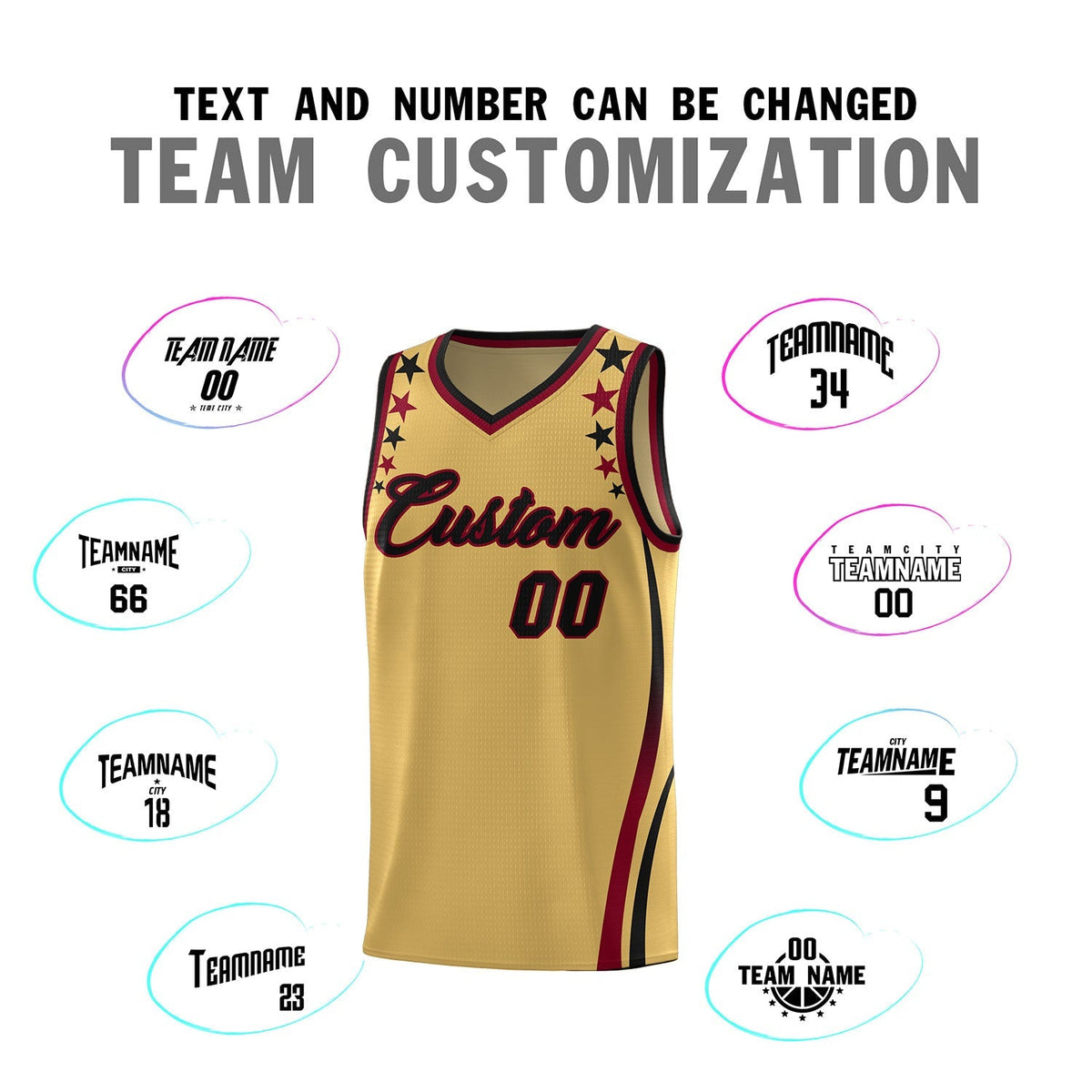 Custom Old Gold Shoulders Star Pattern Side Color Block Sports Uniform Basketball Kits