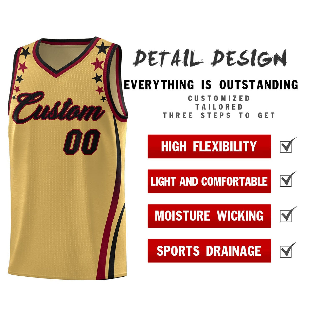 Custom Old Gold Shoulders Star Pattern Side Color Block Sports Uniform Basketball Kits