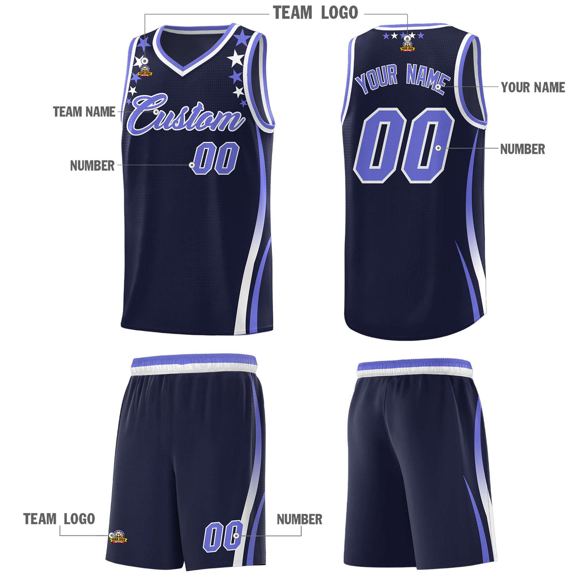 Custom Navy Shoulders Star Pattern Side Color Block Sports Uniform Basketball Kits