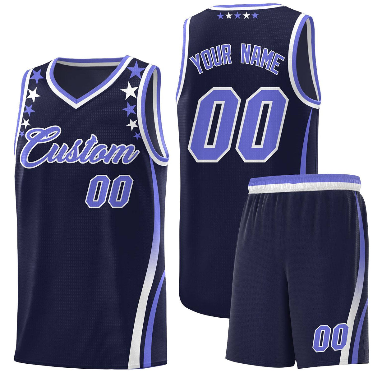 Custom Navy Shoulders Star Pattern Side Color Block Sports Uniform Basketball Kits