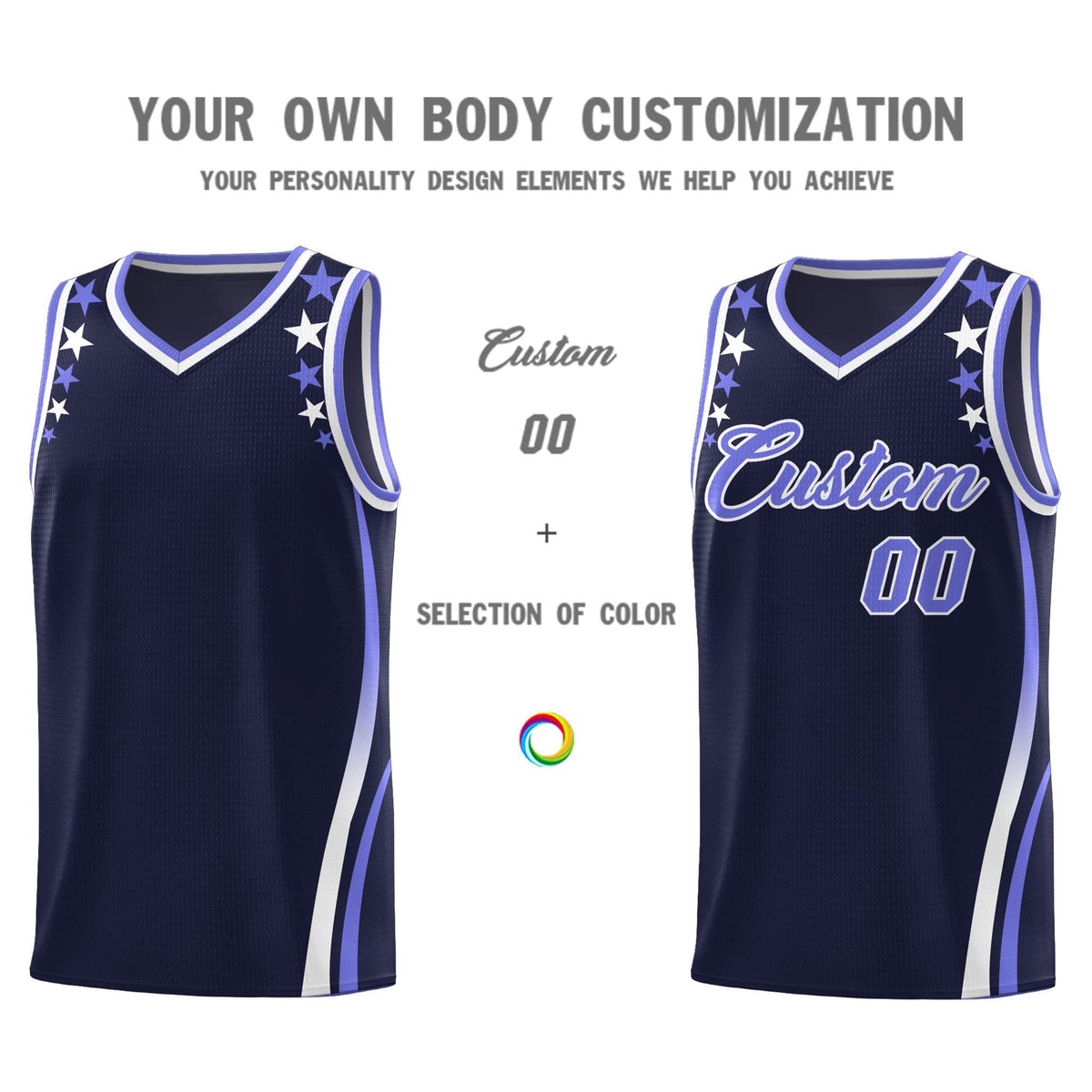 Custom Navy Shoulders Star Pattern Side Color Block Sports Uniform Basketball Kits