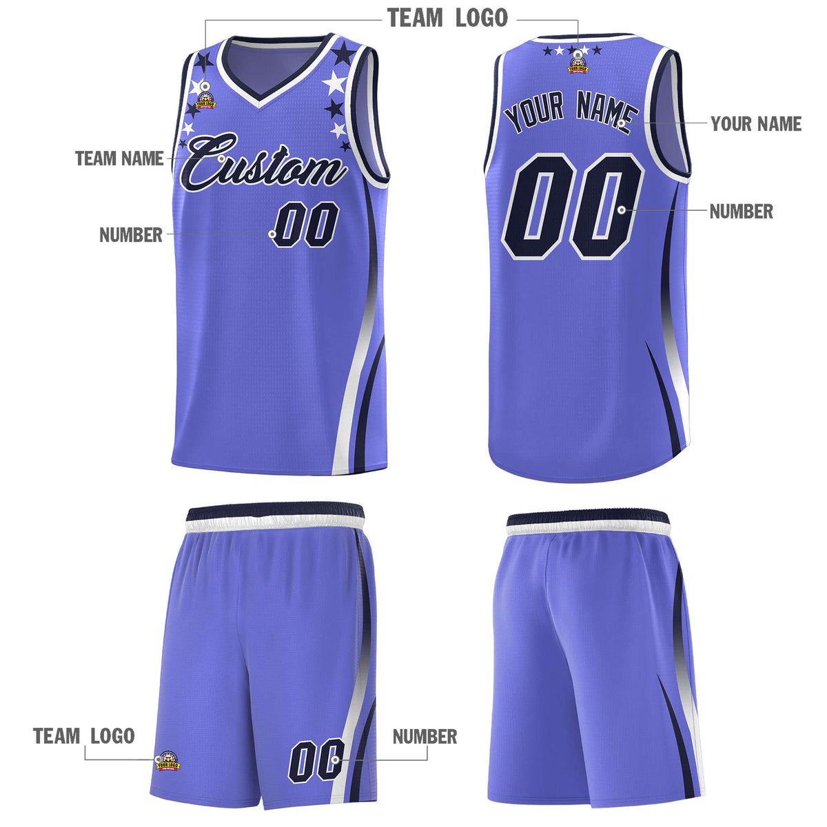 Custom Purple Shoulders Star Pattern Side Color Block Sports Uniform Basketball Kits