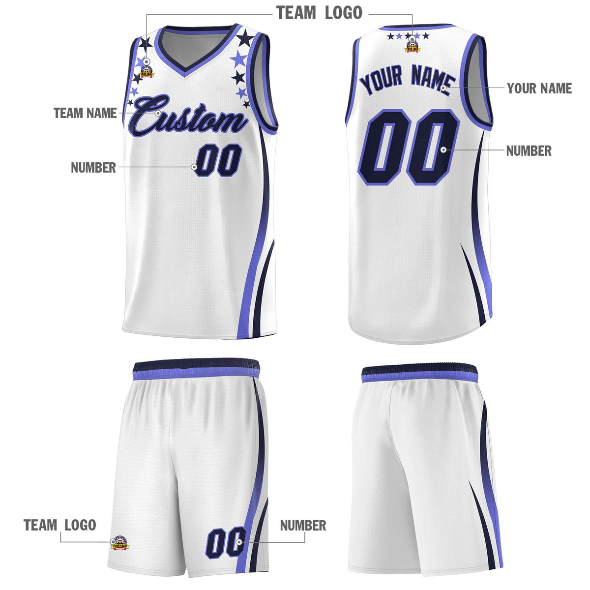 Custom White Shoulders Star Pattern Side Color Block Sports Uniform Basketball Kits