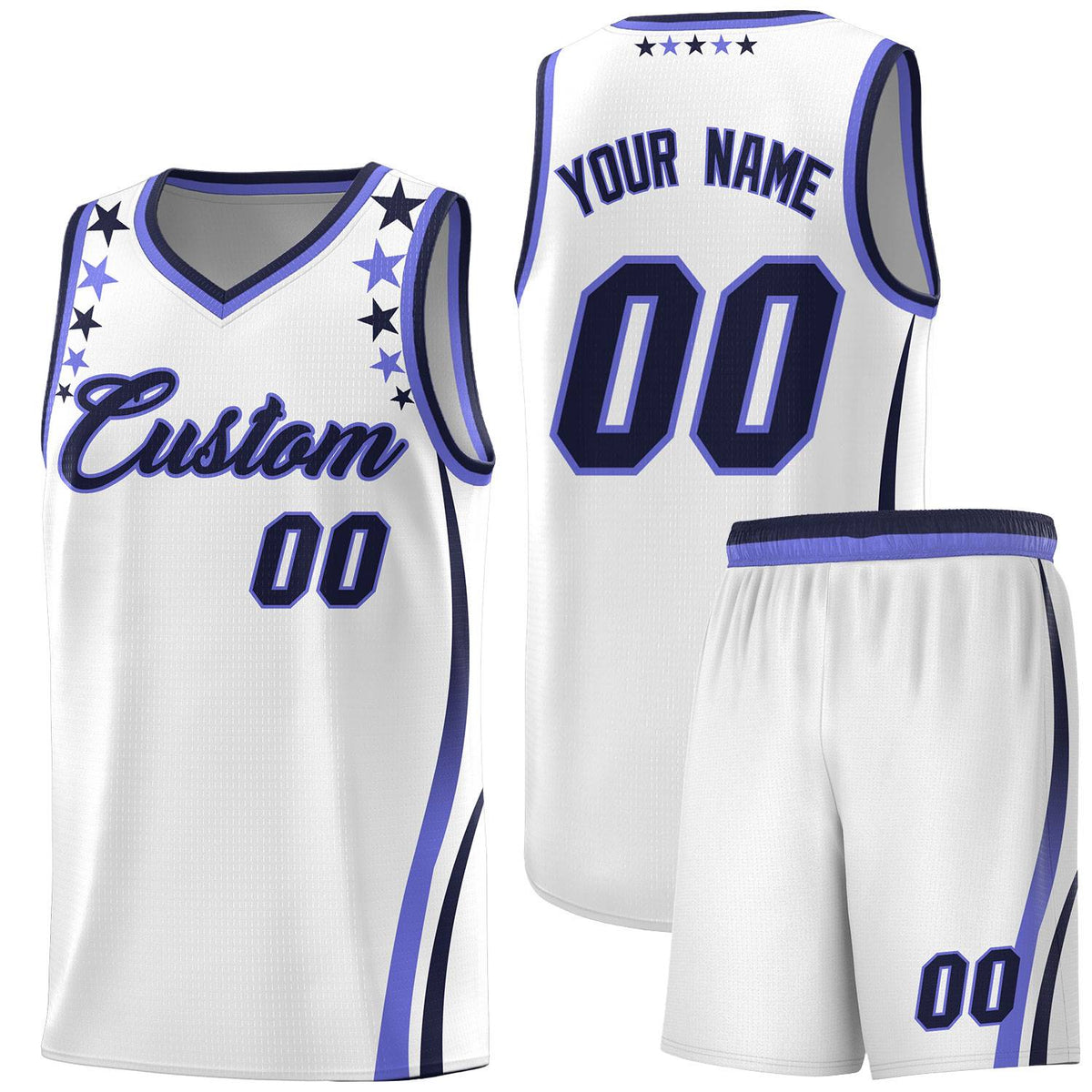 Custom White Shoulders Star Pattern Side Color Block Sports Uniform Basketball Kits