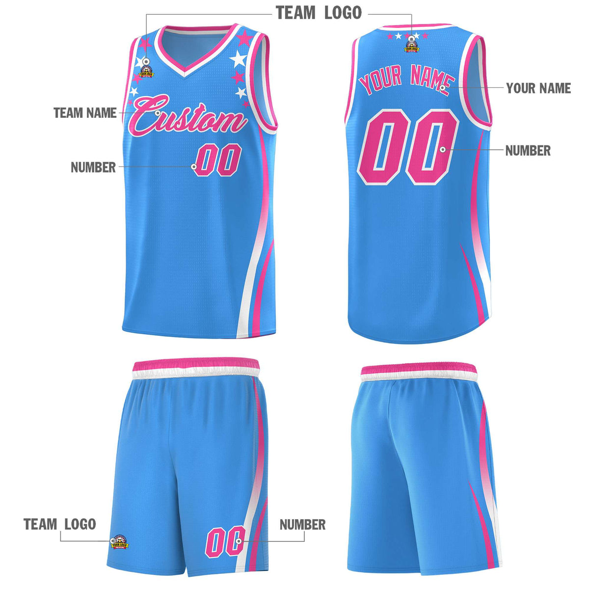 Custom Light Blue Shoulders Star Pattern Side Color Block Sports Uniform Basketball Kits