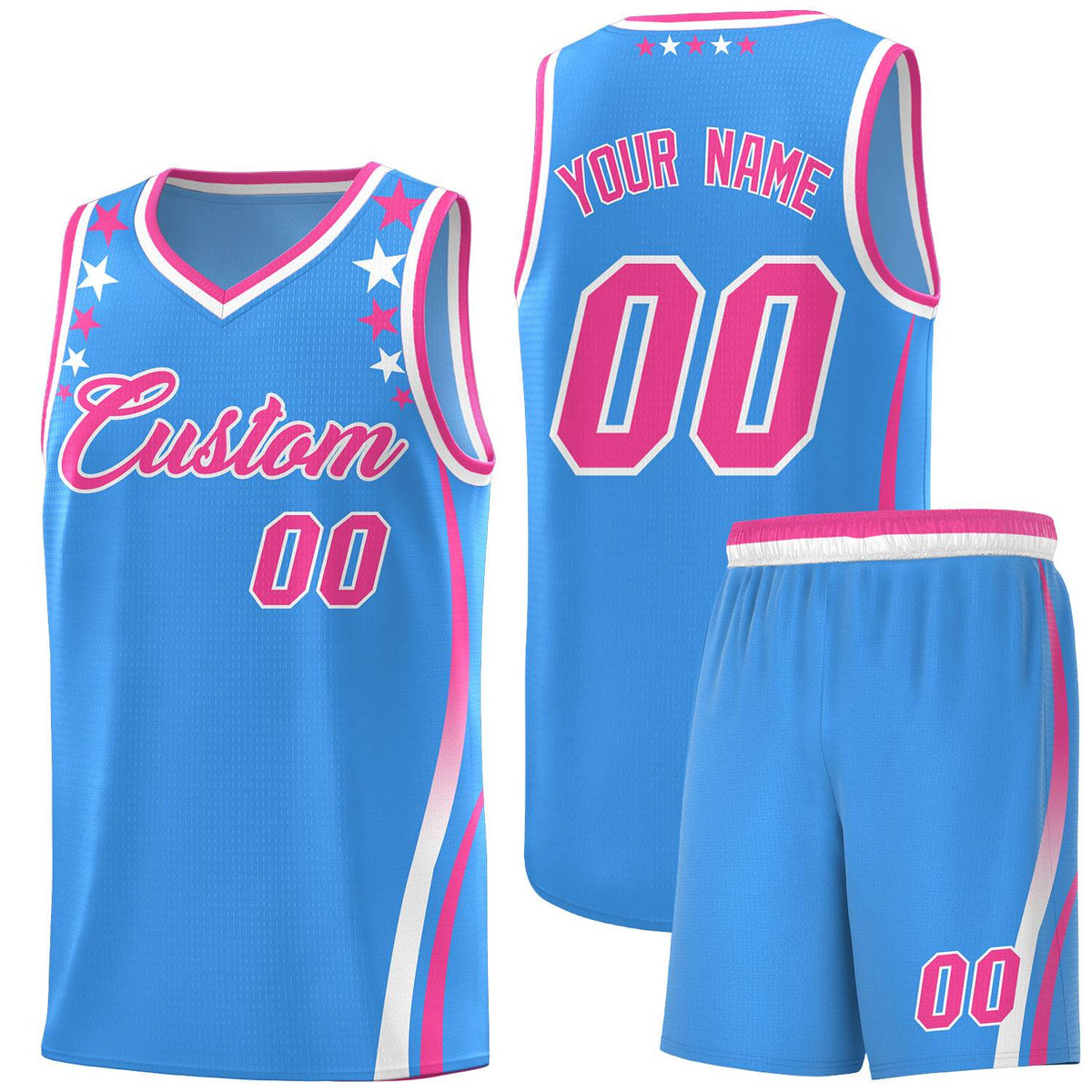 Custom Light Blue Shoulders Star Pattern Side Color Block Sports Uniform Basketball Kits