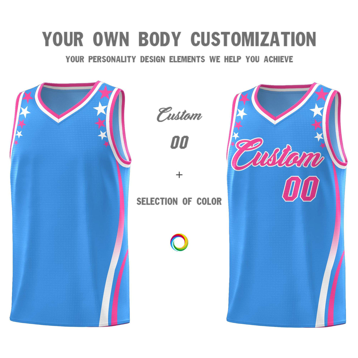 Custom Light Blue Shoulders Star Pattern Side Color Block Sports Uniform Basketball Kits