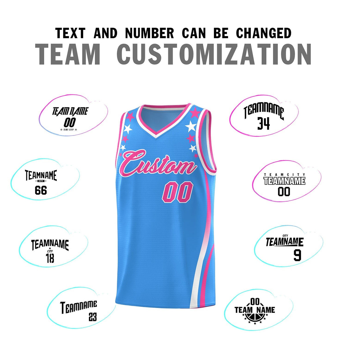 Custom Light Blue Shoulders Star Pattern Side Color Block Sports Uniform Basketball Kits