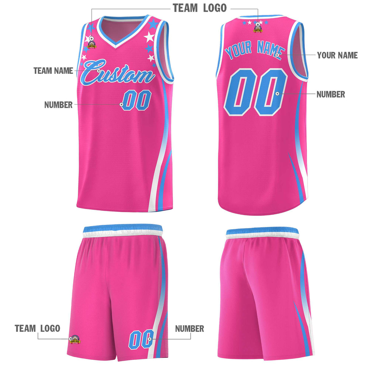 Custom Pink Shoulders Star Pattern Side Color Block Sports Uniform Basketball Kits