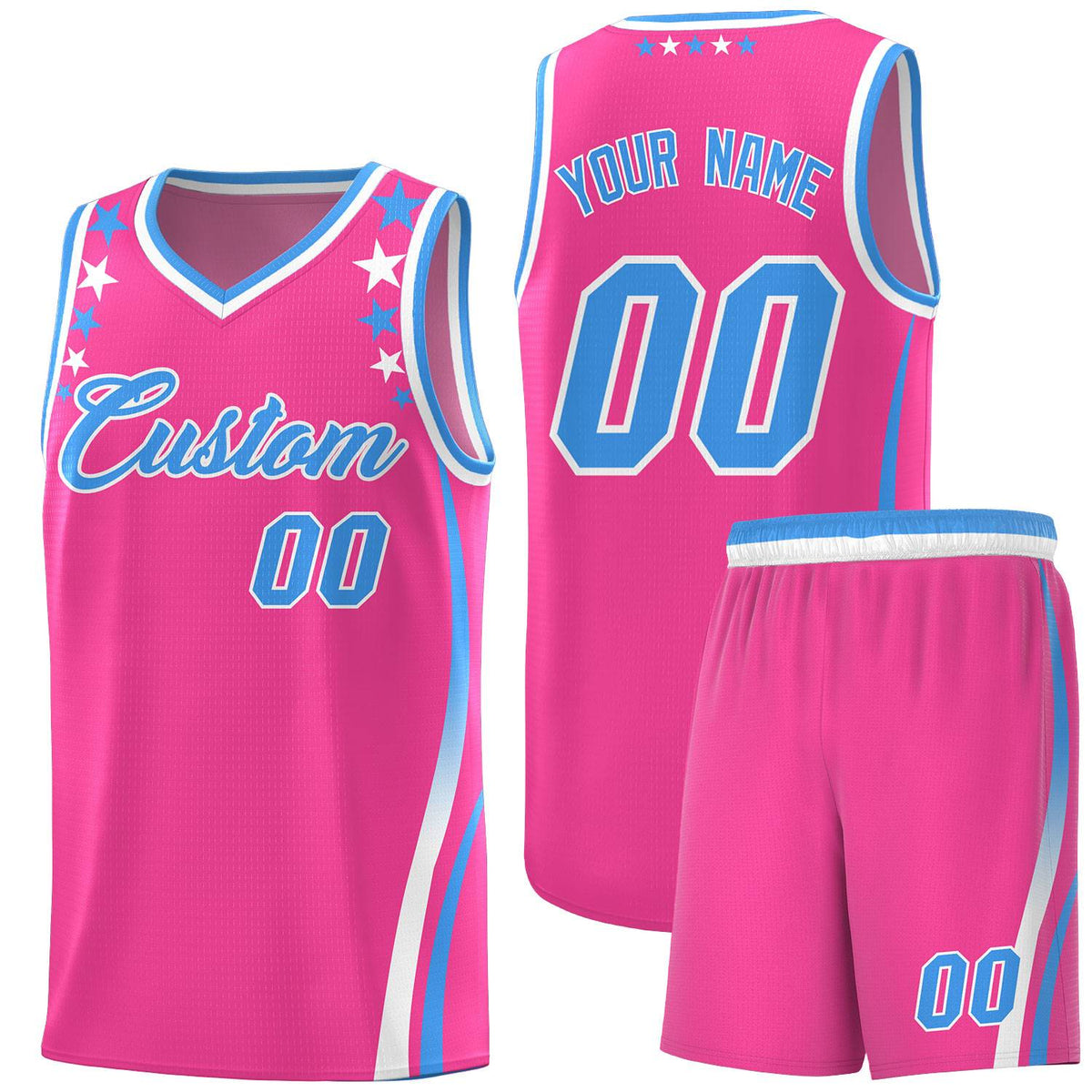 Custom Pink Shoulders Star Pattern Side Color Block Sports Uniform Basketball Kits