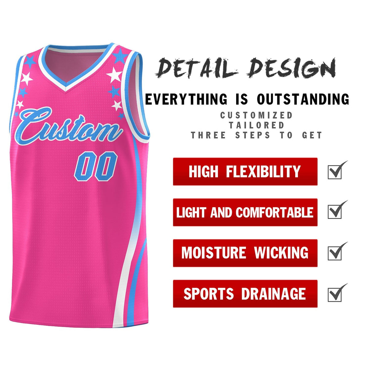 Custom Pink Shoulders Star Pattern Side Color Block Sports Uniform Basketball Kits