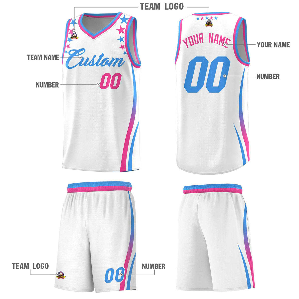 Custom White Shoulders Star Pattern Side Color Block Sports Uniform Basketball Kits