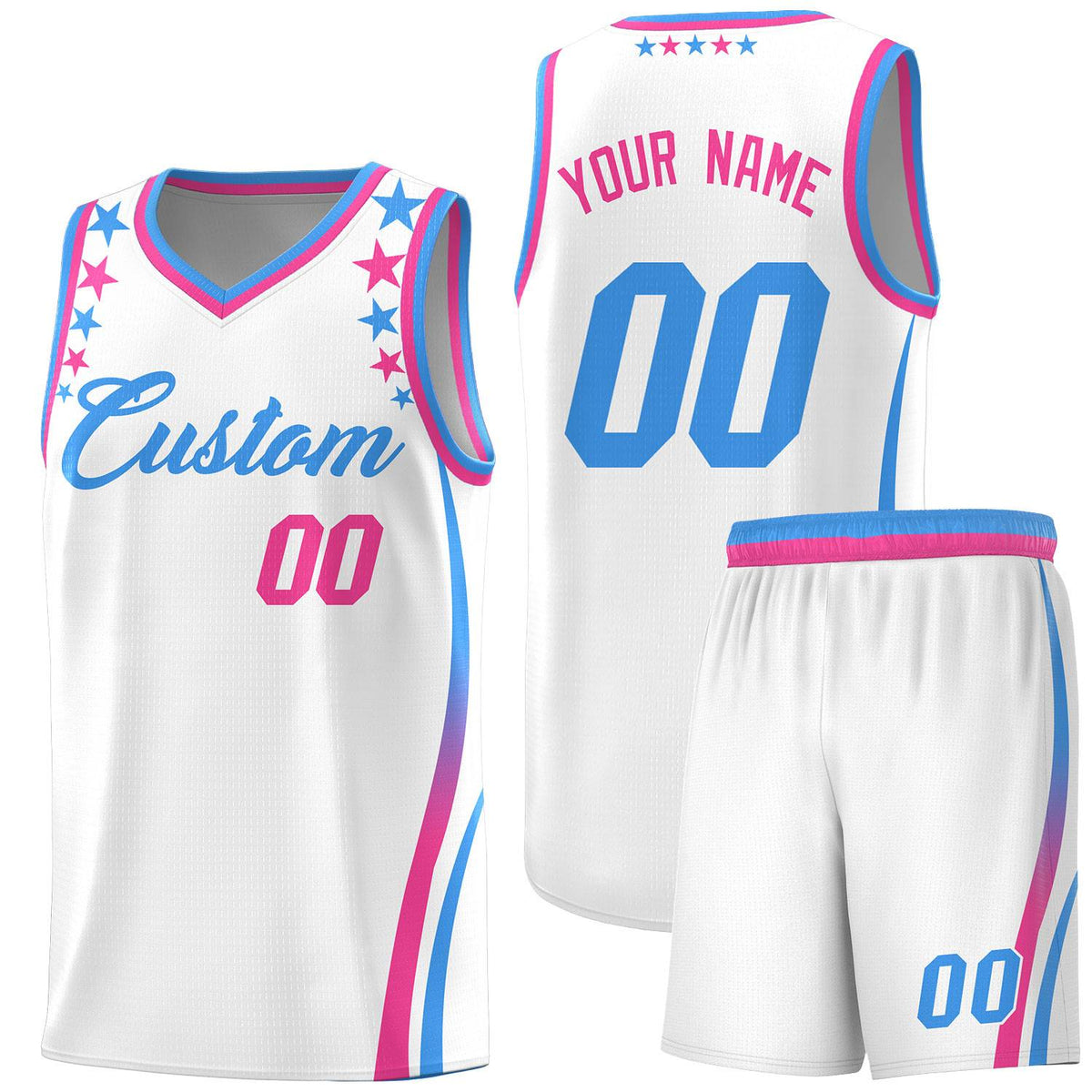 Custom White Shoulders Star Pattern Side Color Block Sports Uniform Basketball Kits