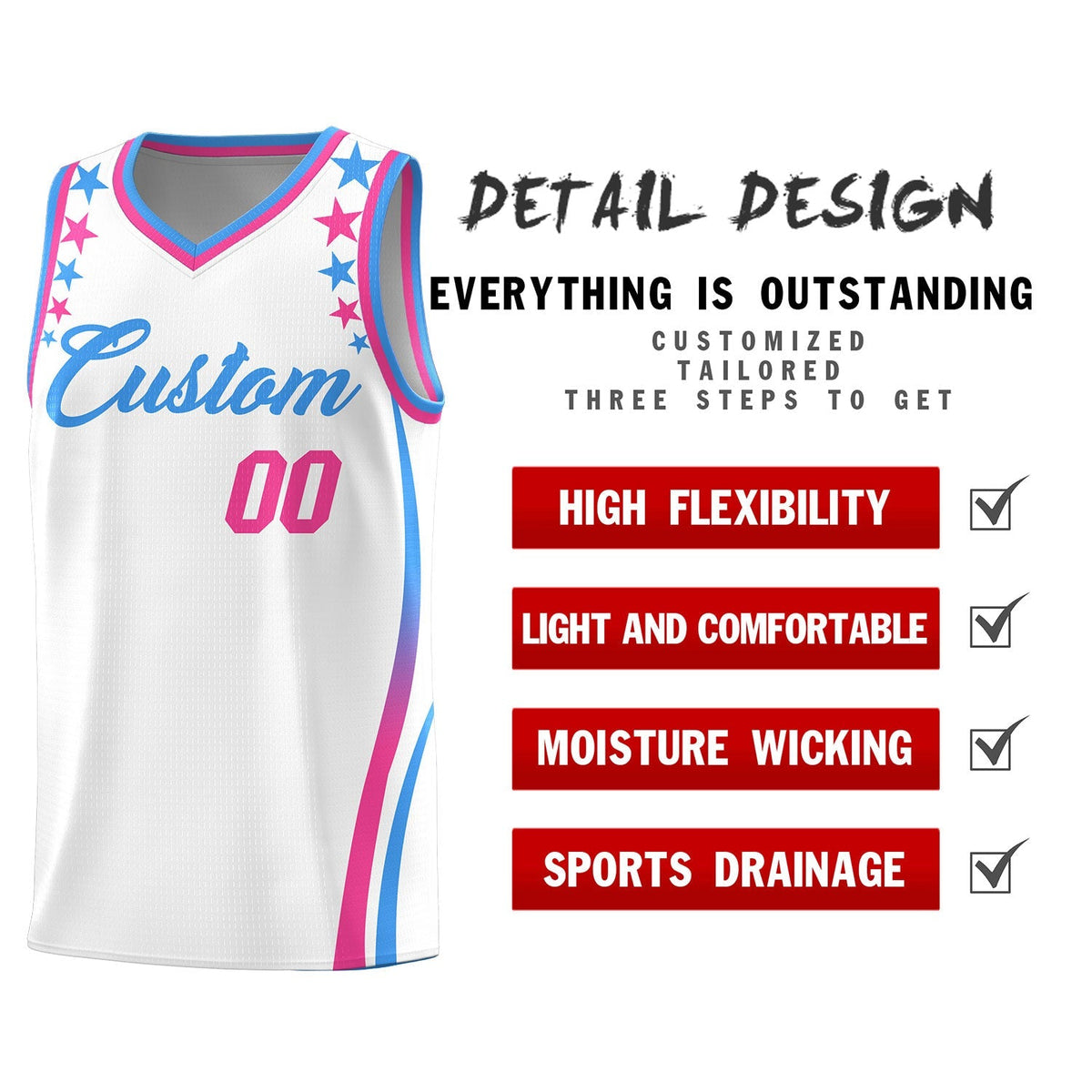 Custom White Shoulders Star Pattern Side Color Block Sports Uniform Basketball Kits