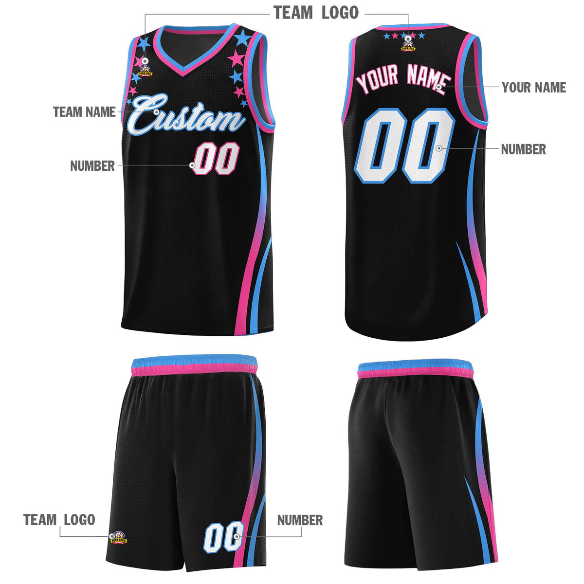 Custom Black Shoulders Star Pattern Side Color Block Sports Uniform Basketball Kits