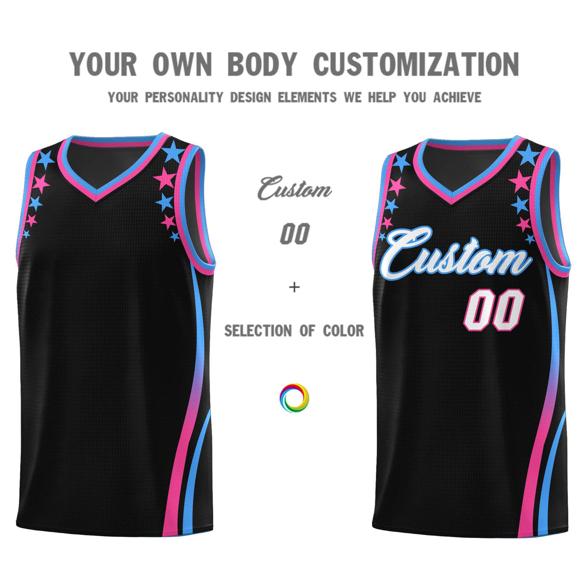 Custom Black Shoulders Star Pattern Side Color Block Sports Uniform Basketball Kits