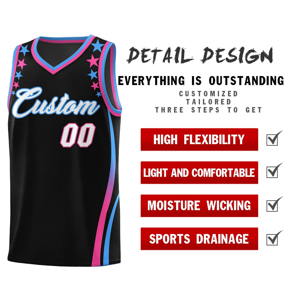 Custom Black Shoulders Star Pattern Side Color Block Sports Uniform Basketball Kits