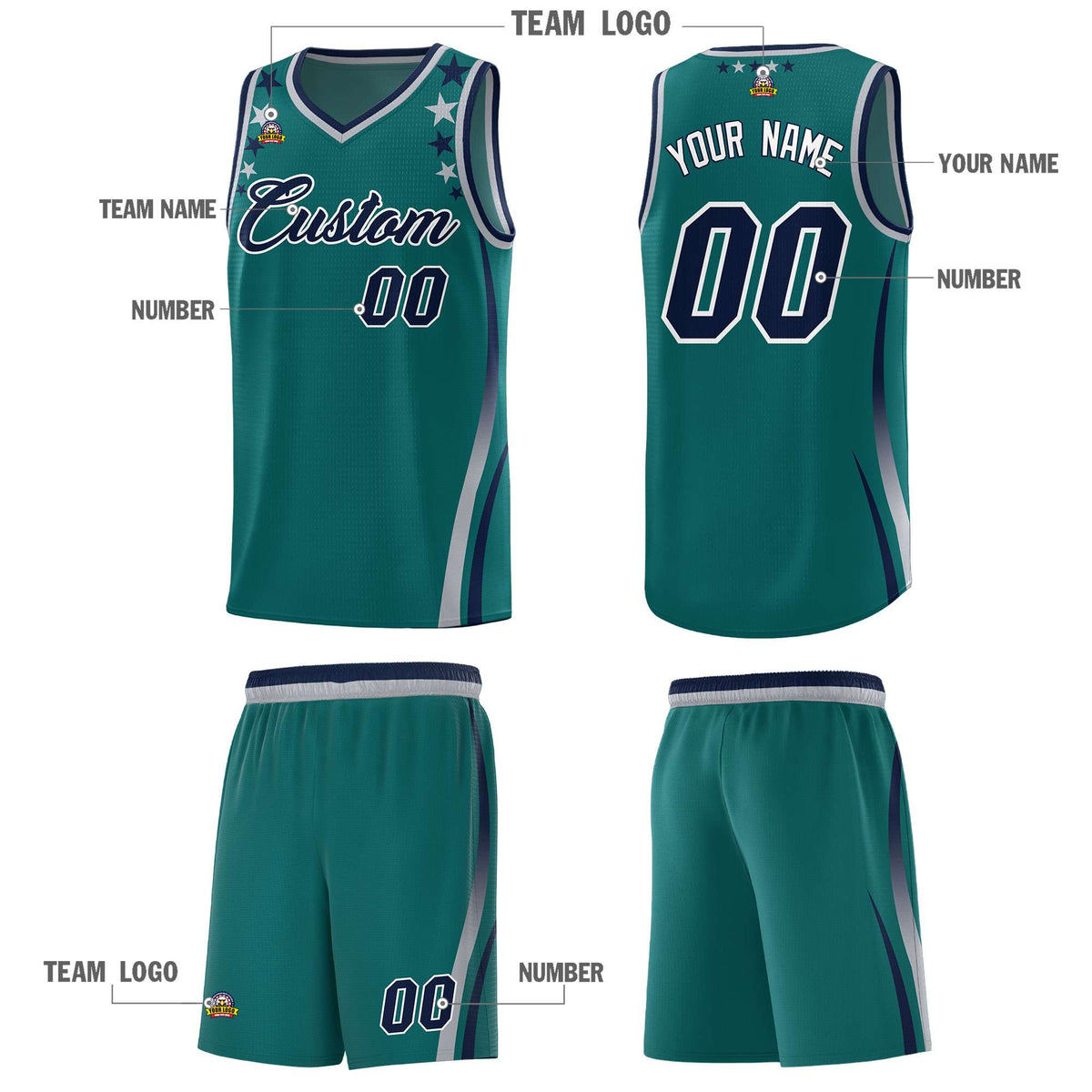 Custom Aqua Shoulders Star Pattern Side Color Block Sports Uniform Basketball Kits