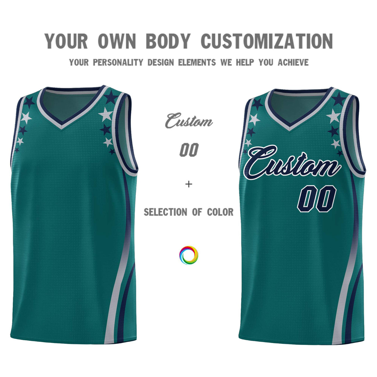 Custom Aqua Shoulders Star Pattern Side Color Block Sports Uniform Basketball Kits
