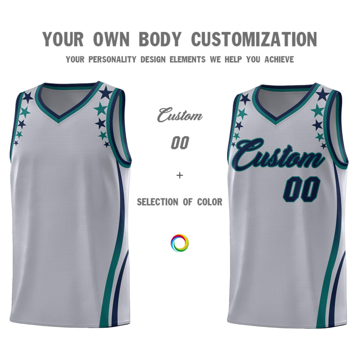 Custom Gray Shoulders Star Pattern Side Color Block Sports Uniform Basketball Kits