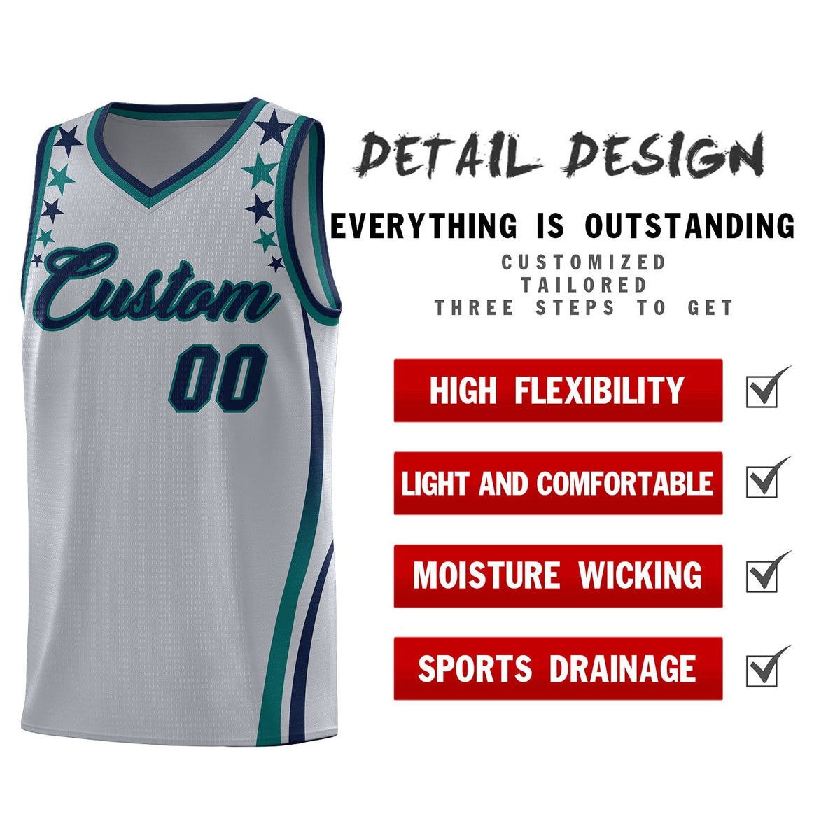 Custom Gray Shoulders Star Pattern Side Color Block Sports Uniform Basketball Kits