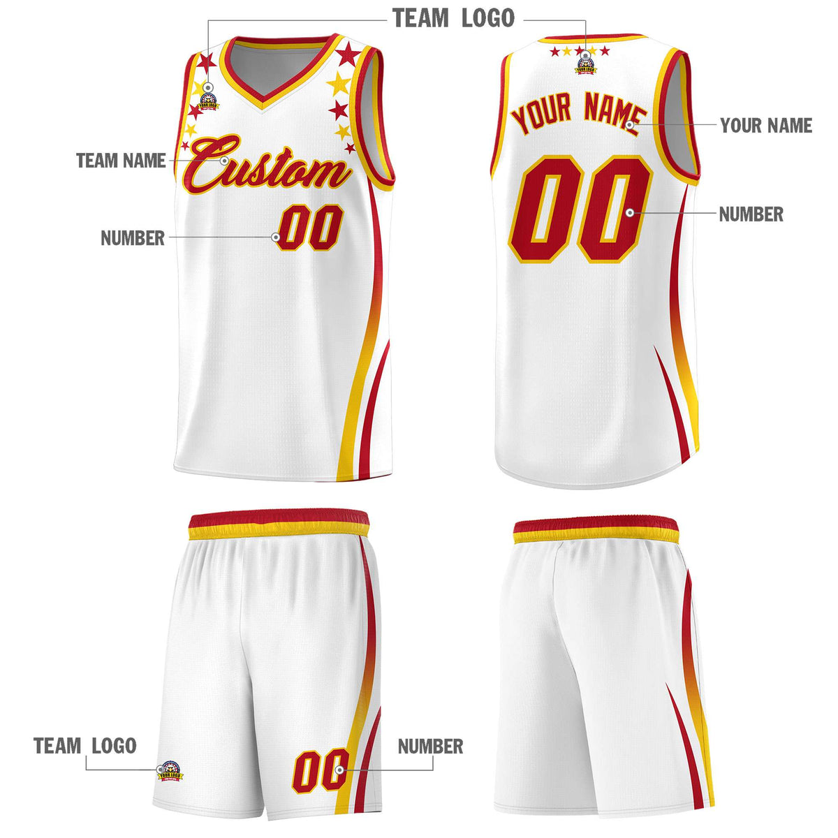 Custom White Shoulders Star Pattern Side Color Block Sports Uniform Basketball Kits