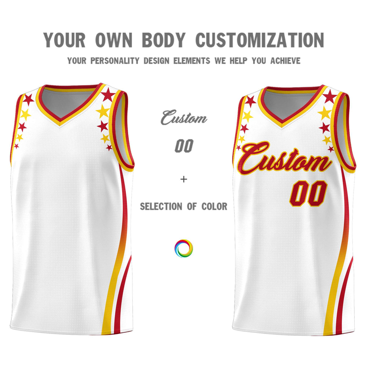 Custom White Shoulders Star Pattern Side Color Block Sports Uniform Basketball Kits