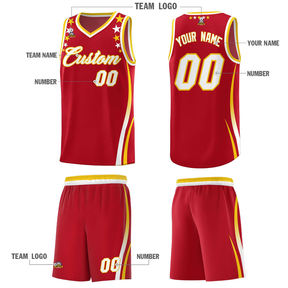 Custom Red Shoulders Star Pattern Side Color Block Sports Uniform Basketball Kits