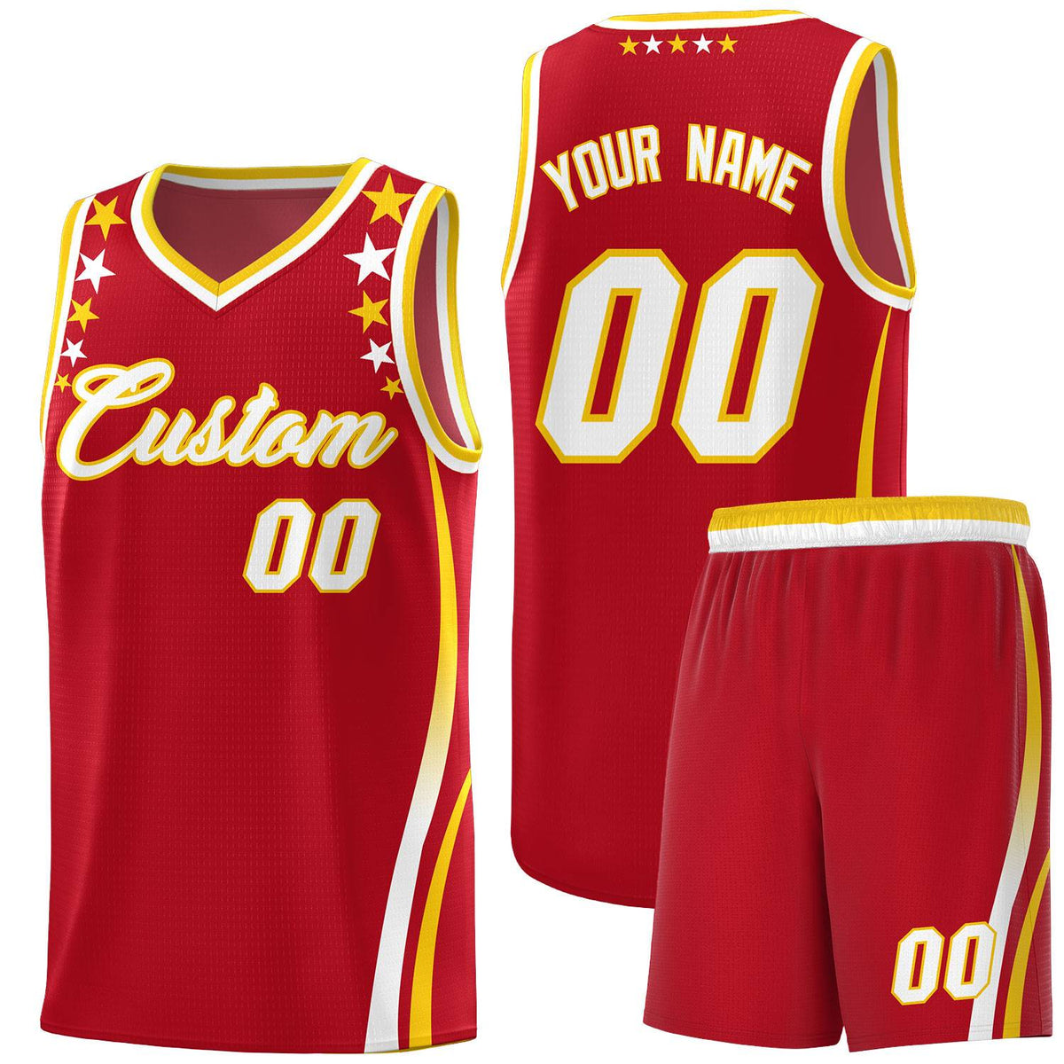 Custom Red Shoulders Star Pattern Side Color Block Sports Uniform Basketball Kits