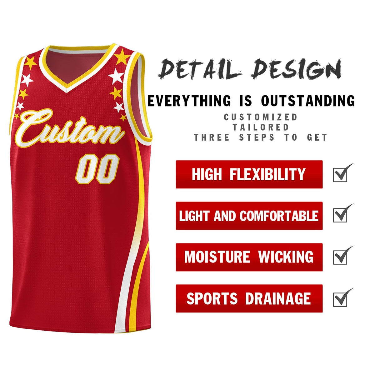 Custom Red Shoulders Star Pattern Side Color Block Sports Uniform Basketball Kits