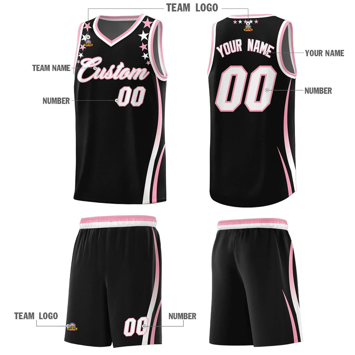 Custom Black Shoulders Star Pattern Side Color Block Sports Uniform Basketball Kits