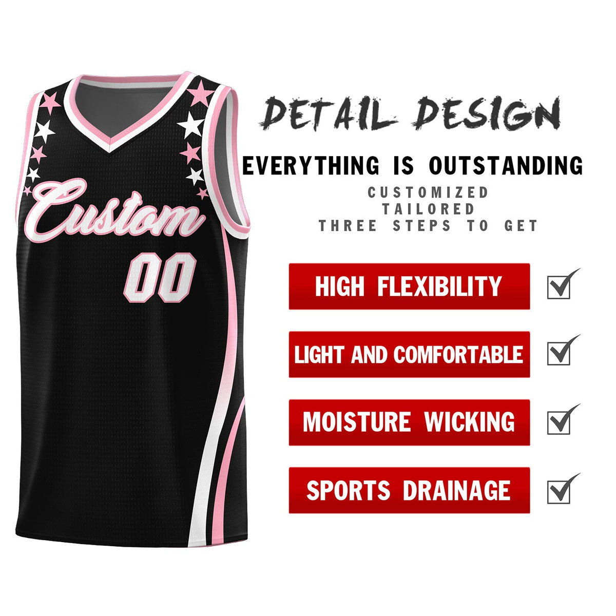 Custom Black Shoulders Star Pattern Side Color Block Sports Uniform Basketball Kits